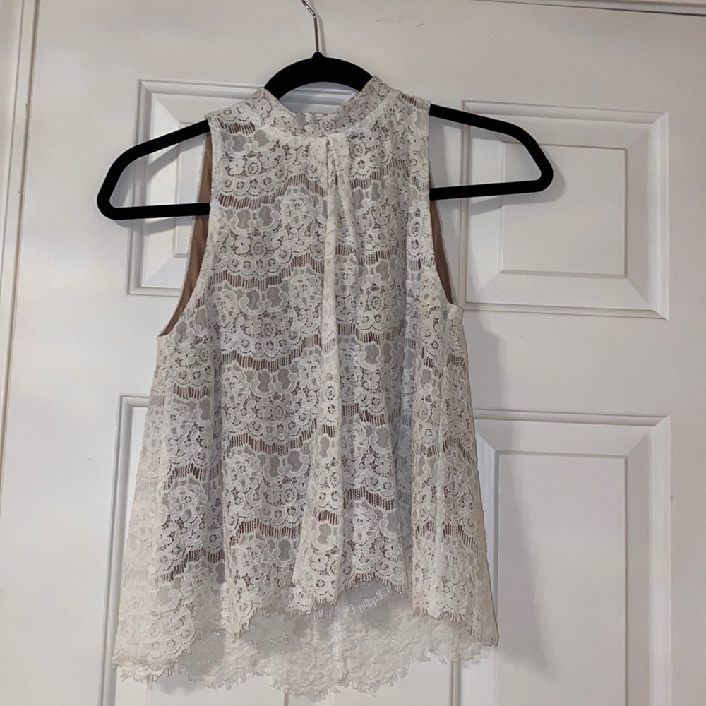 White Lace Sleeveless Funnel Neck Tank Top